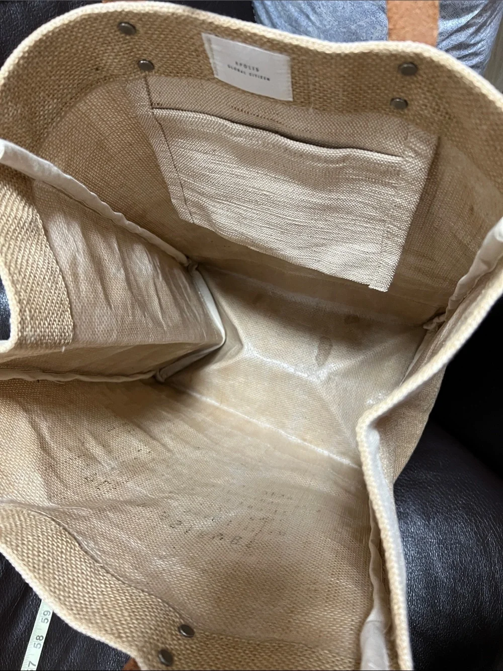 Farm Shop California Jute Tote Bag with Leather Handles - Tan